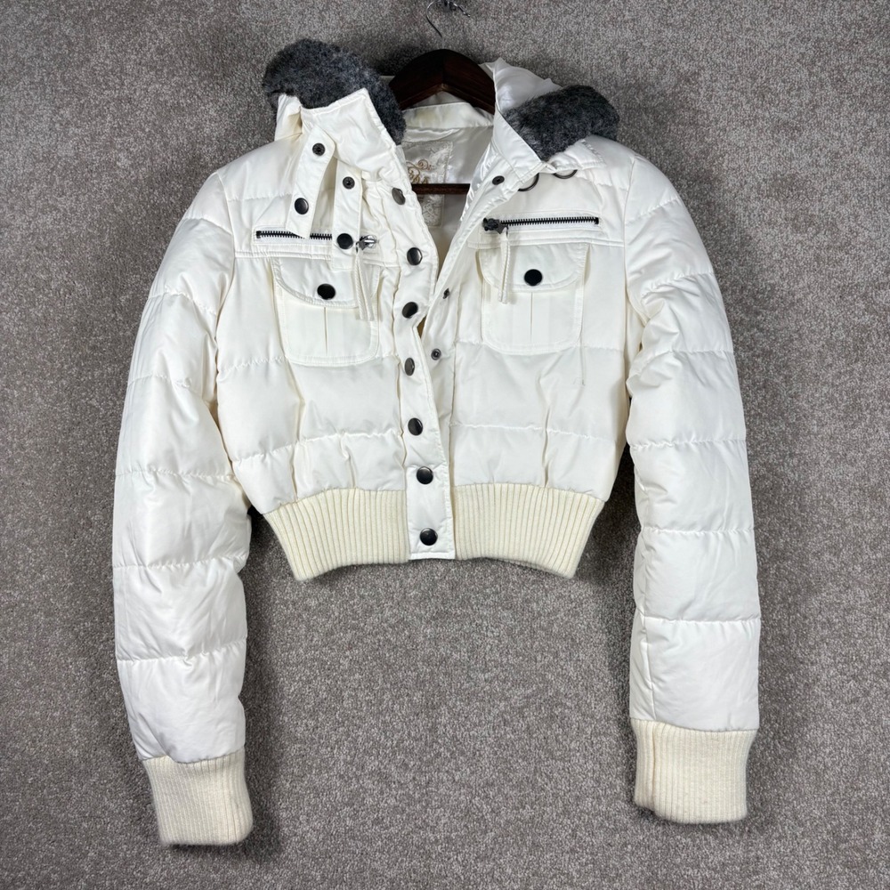 Guess Womens White Cropped Puffer Jacket Faux Fur Hood Quilted Size M